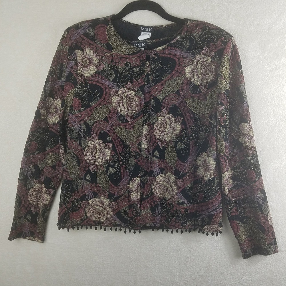 MSK Womens L Jacket Tank Set Floral Tapestry Beaded Black Burgundy 2 Piece Gold